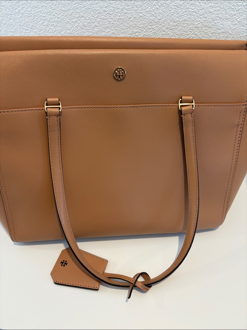 Tory Burch Tan Leather Tote with Logo Charm